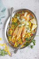 Asparagus in filo pastry with couscous salad