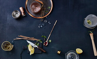 Ingredients and utensils for making cocktails