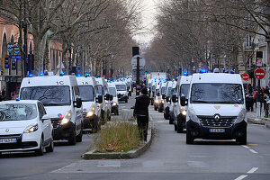 police vehicles, preceding the demonstration, against the pension reform in Paris on 11/01/2020
