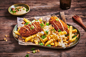 Vegane Kroketten mit Pommes, Senf und Sauerkraut