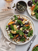 Root vegetable salad with kale, feta and seeds