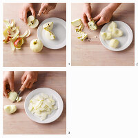 Kernobst schälen, Kerngehäuse herausschneiden und in Stücke schneiden