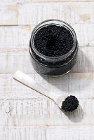 Vegan algae-based caviar in jar