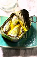Geöffnete Dose mit Sardinen in pikantem Olivenöl