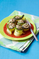 Zucchini Rolls with Fresh Cheese and Tomato Coulis