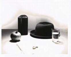 Stillleben mit Wasserglas, Hut, Buch und Granatapfel
