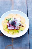 Yellow beetroot and radish carpaccio with rollmops