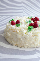 Sponge cake with vanilla punch coating, white chocolate flakes and raspberries