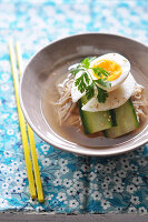 Korean Noodles With Cucumber,Nashi Pears And A Soft-Boiled Egg