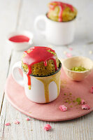 Matcha mug cake with pink coulis