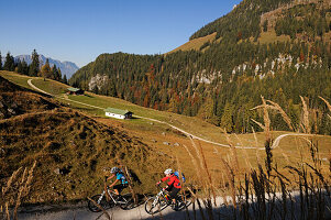 Mountainbiker auf dem Weg zur Gotzenalm, Berchtesgadener Land, Oberbayern, Bayern, Deutschland