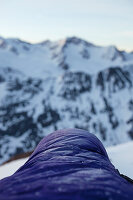 Sleeping bag and bivouac, near Saykogel (3355 m), Oetztal Alps, Tyrol, Austria