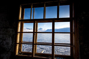 Arctic sea with ice at Spitzbergen through a window, Spitzbergen, Svalbard, Norway