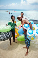 Elephant Beach, seim ring hire for Indian tourists, most crowded beach on the island, shallow water, northwest coast, Havelock Island, Andaman Islands, Union Territory, India