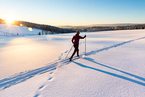 Women skiing over a snow covered field at sunset, tracks in the snow, Harz, MR, Sankt Andreasberg, Lower Saxony, Germany