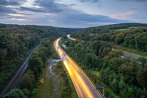 A1 near Remscheid, Ruhrtangente, separate lanes, night shot, light strips, German motorway