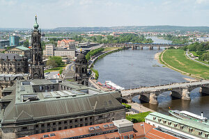 Wide view from the dome of the Frauenkirche to the Hofkirche, Augustusbrücke and the Elbe.