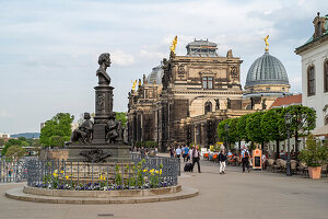 Brühlsche Terrasse in Dresden with a view of the Ernst Rietschel Monument and the Art Academy in May.