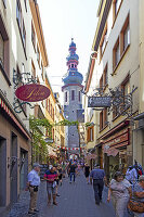 Pedestrian zone, alley with a view of the kath. Parish Church of St. Martin, Old Town, Cochem on the Mosel