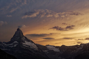 The Matterhorn at sunset, Mattertal, Zermatt, Valais, Switzerland.