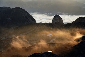 Sunrise, fog over the Hochkönigstock, Salzburger Land, Austria.
