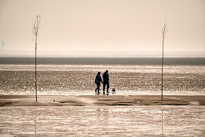 Zwei Spaziergänger mit Hund im Watt bei Dorum-Neufeld, Landkreis Cuxhaven, Niedersachsen, Deutschland