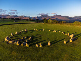 Aerial view of Castlerigg Stone Circle and Catbells, Lake District National Park, UNESCO World Heritage Site, Cumbria, England, United Kingdom, Europe