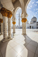 The Sheikh Zayed Mosque, the courtyard and exterior of the prayer hall, modern architecture.