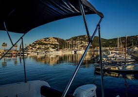 View from a yacht of Port d&#39;Andratx reflected in the sea, Mallorca, Spain