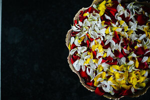 Pune, Indien, eine Schüssel mit Blütenblättern aus Blütenblättern von Jasmin, Rose und Ringelblume in einer Messingschale