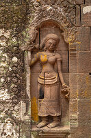 Apsara relief at the sanctuary of the mountain temple Wat Phu, Champasak Province, Laos, Asia