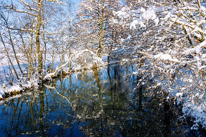 Winterlich verschneite Ufer der Schwillach im Erdinger Land in Oberbayern in Deutschland