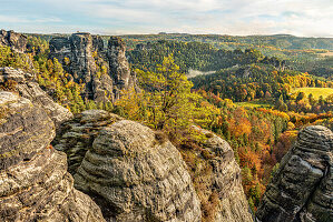 View from Basteifelsen on an autumn morning, Saxon Switzerland, Saxony, Germany