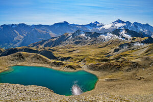 Blick auf grünen Junssee und Olperer, vom Geier, Tuxer Alpen, Zillertal, Tirol, Österreich