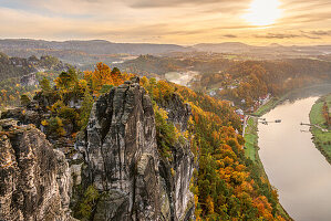  View from the Bastei viewpoint in autumn, Saxon Switzerland, Saxony, Germany 