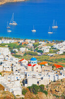 View of Chora village and the port of Livadi, Chora, Serifos Island, Cyclades Islands, Greece
