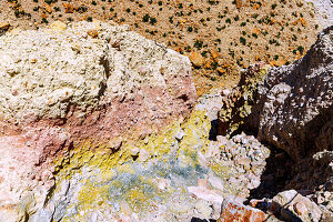  Discoloration in the volcanic crater of Megalos Polyotis in the caldera on the island of Nissyros (Nisyros, Nissiros, Nisiros) in Greece 