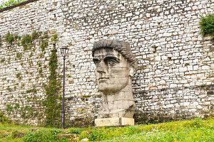 Giant sculpture head of Roman emperor Constantine the First (272-337 AD), Berat Castle, Berat, Albania, Europe
