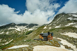  View of Edelrauthütte at Eisbruggjoch, Pfunderer Höhenweg, Zillertal Alps, South Tyrol, Italy 