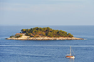 Galesnic at the entrance of the port of Hvar city, Hell's Islands (Pakleni),Hvar island, Croatia, Southeast Europe