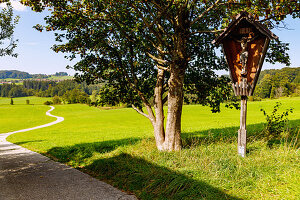 Wegkreuz mit Holzkruzifix am Aussichtspunkt Mesnerkapelle in Grainbach und Weg nach Eßbaum und Törwang am Samerberg im Chiemgau in Oberbayern in Deutschland