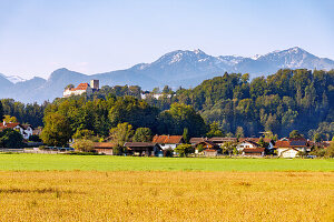  Neubeuern and Neubeuern Castle from the Altenbeuern viewpoint in Chiemgau in Upper Bavaria in Germany 