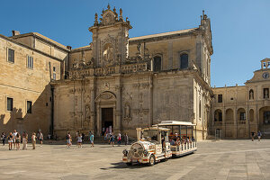 Toursit train Piazza del Duomo in Lecce, Puglia, Italy.