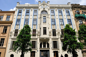 Art Nouveau building's facade in Alberta street,work of the architect Mikhail Eisenstein,Riga,Latvia,Baltic region,Northern Europe