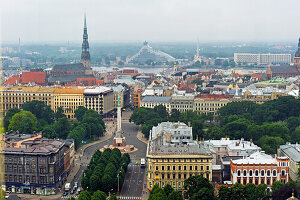 aerial view over the Brividas Avenue toward the Old Town, from Radisson Blu hotel,Riga,Latvia,Baltic region,Northern Europe