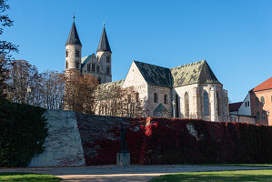  Monastery of Our Lady in autumn, red vine leaves, Magdeburg, Saxony-Anhalt, Germany 