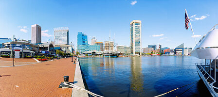  Inner Harbor with Waterfront Promenade, Historic Ships Baltimore, World Trade Center with Observation Deck and National Aquarium in Baltimore, Maryland, USA 