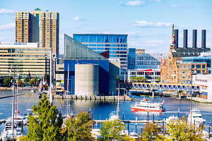  Inner Harbor with National Aquarium, Pratt Street Power Plant and Marine Mammal Pavilion in Baltimore, Maryland, USA 