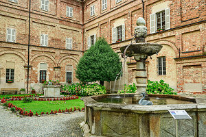  Courtyard with monastery garden and fountain, Santuario Graglia monastery, Madonna di Loreto, Biella, Alpi Biellesi, Valais Alps, Piedmont, Italy 