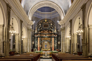  Altar of the old basilica of Oropa with statue of the Black Madonna, pilgrimage church of Oropa, UNESCO World Heritage Site Sacri Monti, Biella, Alpi Biellesi, Valais Alps, Piedmont, Italy 